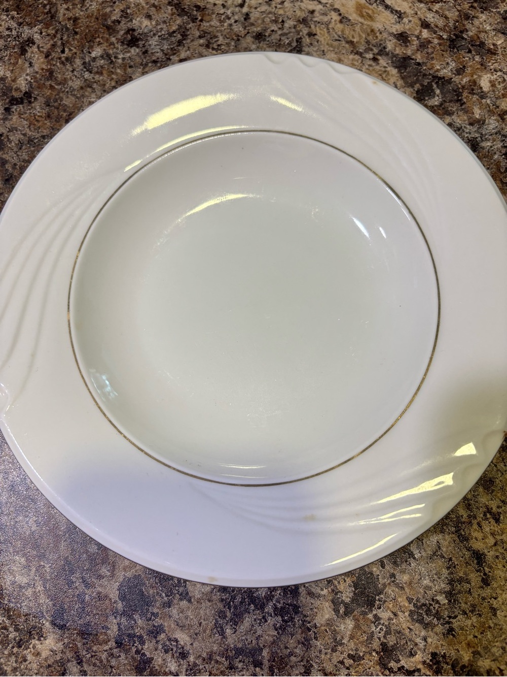 Elegant White Ceramic Dinnerware Bowl, saucers (3) with Gold Trim, salad plate1.